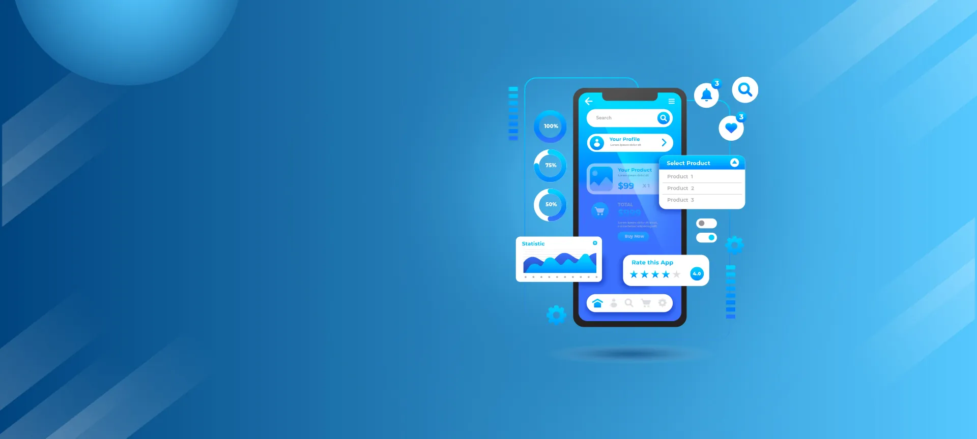 Smartphone app interface with charts, notifications and ratings